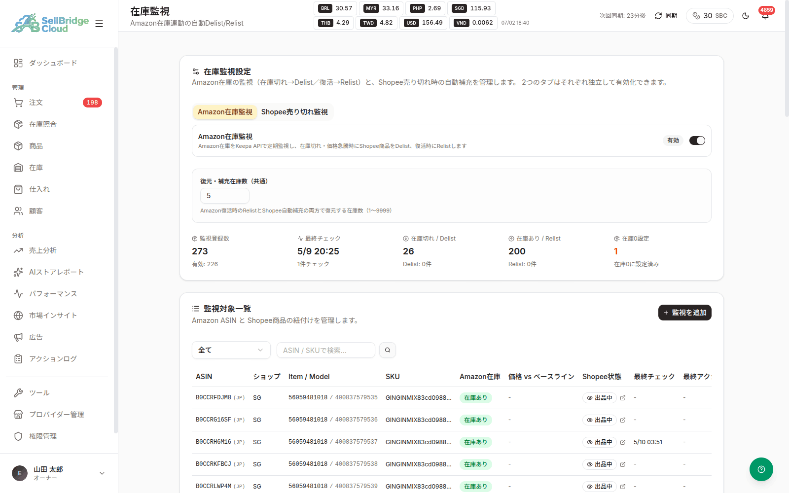 SellBridgeの在庫モニター画面。Amazon在庫と連動した自動出品管理
