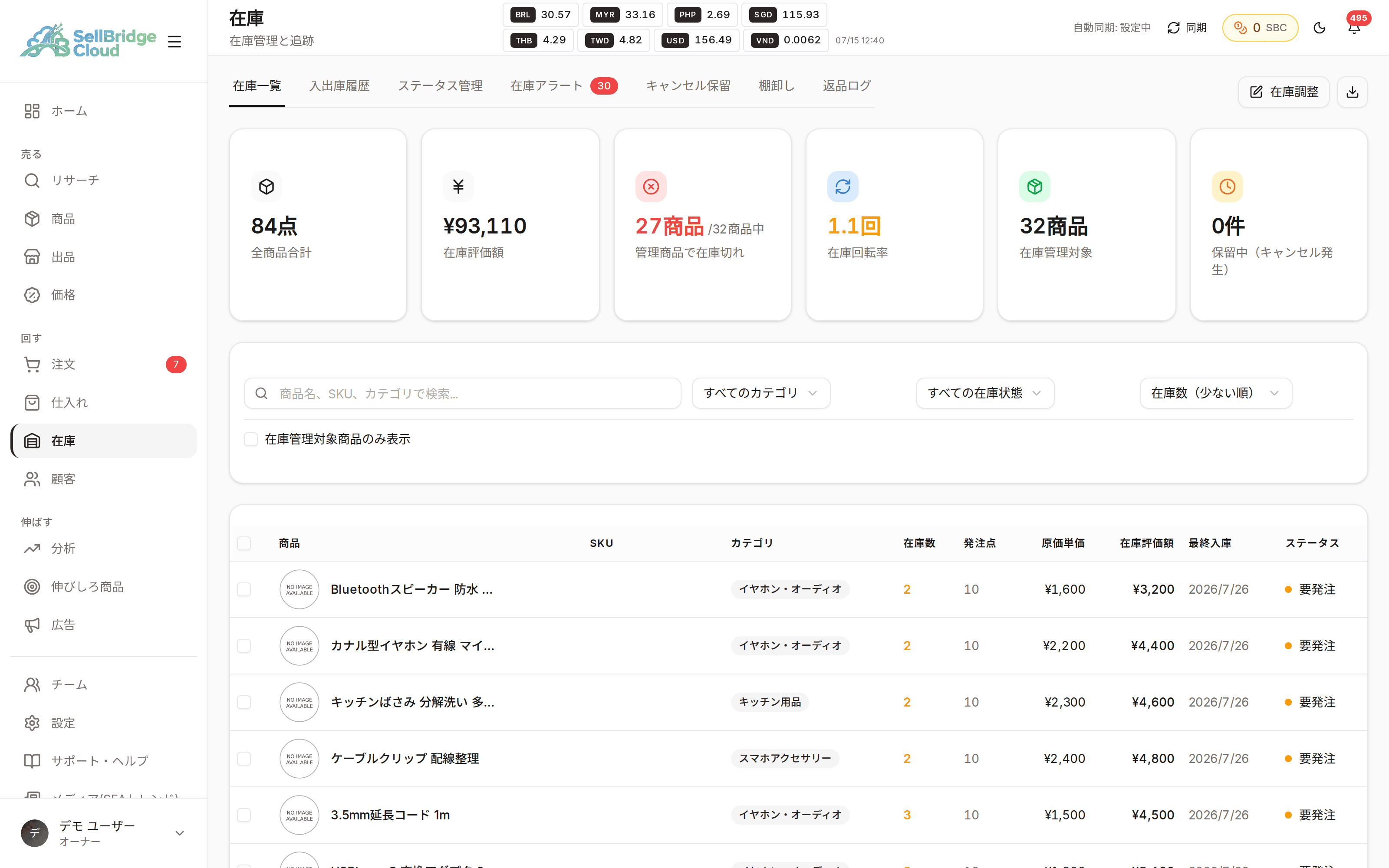 SellBridgeの在庫管理画面。商品ごとの在庫状況が一覧で並んでいる